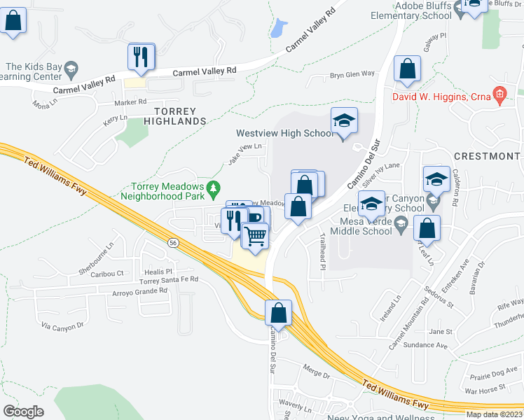 map of restaurants, bars, coffee shops, grocery stores, and more near 7890 Via Belfiore in San Diego