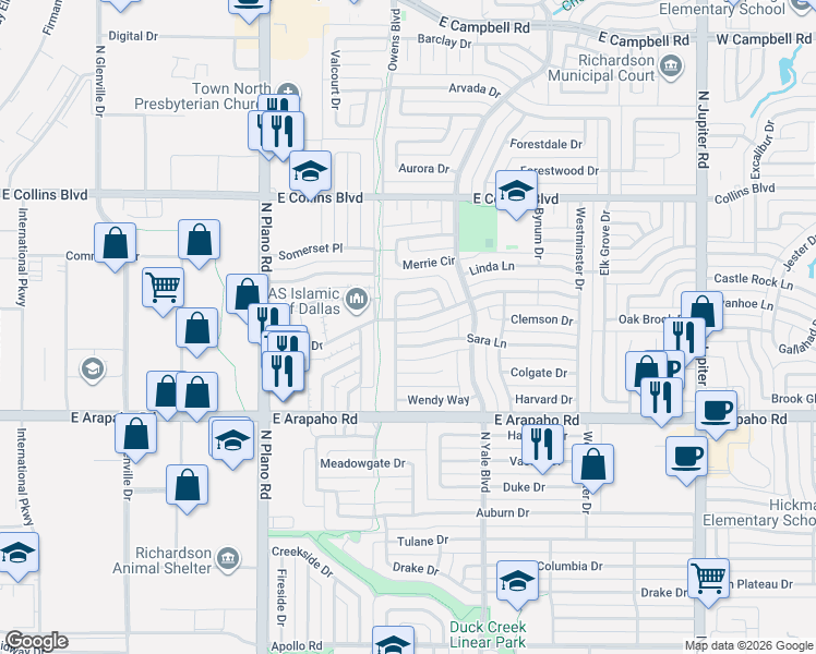 map of restaurants, bars, coffee shops, grocery stores, and more near 1601 Blake Drive in Richardson
