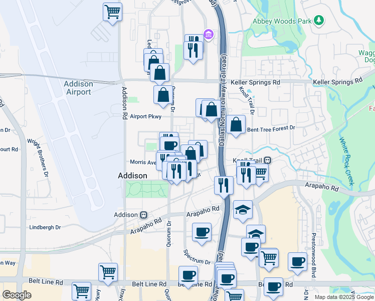 map of restaurants, bars, coffee shops, grocery stores, and more near 5021 Parkview Place in Addison