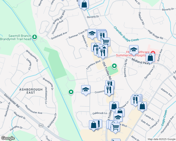 map of restaurants, bars, coffee shops, grocery stores, and more near 105 Kimeran Lane in Summerville