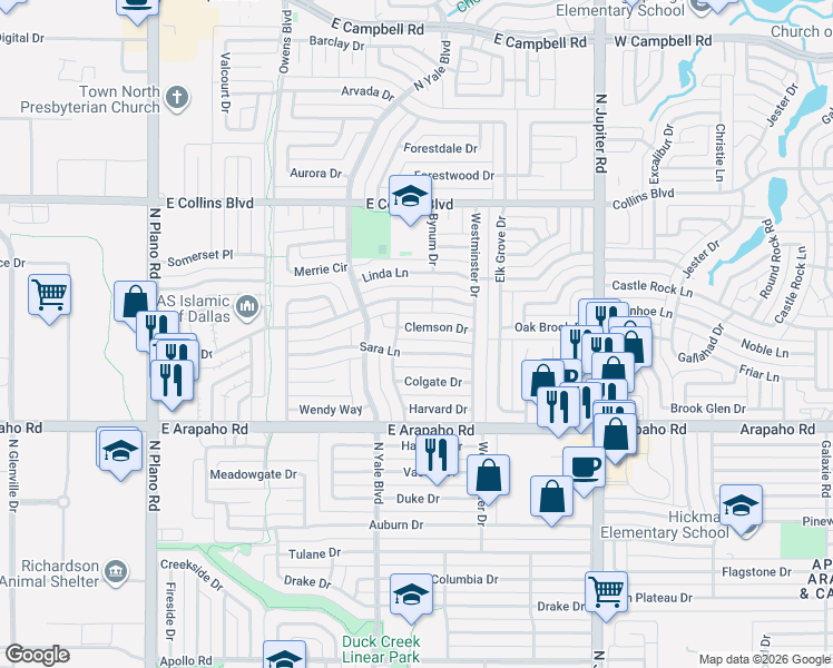 map of restaurants, bars, coffee shops, grocery stores, and more near 1818 Clemson Drive in Richardson
