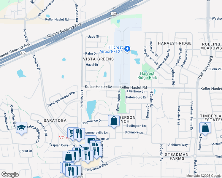 map of restaurants, bars, coffee shops, grocery stores, and more near 3917 Old Richwood Lane in Fort Worth