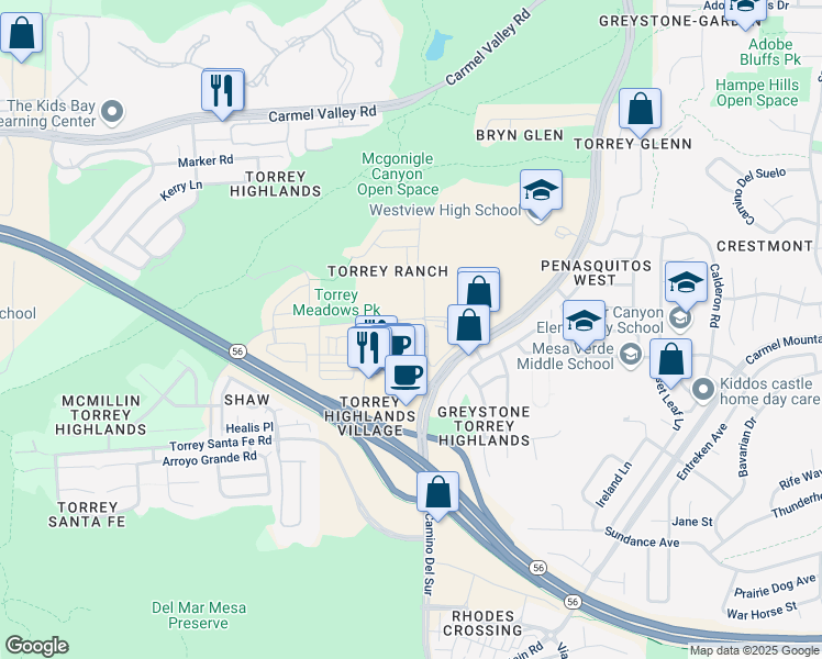 map of restaurants, bars, coffee shops, grocery stores, and more near 7860 Via Belfiore in San Diego