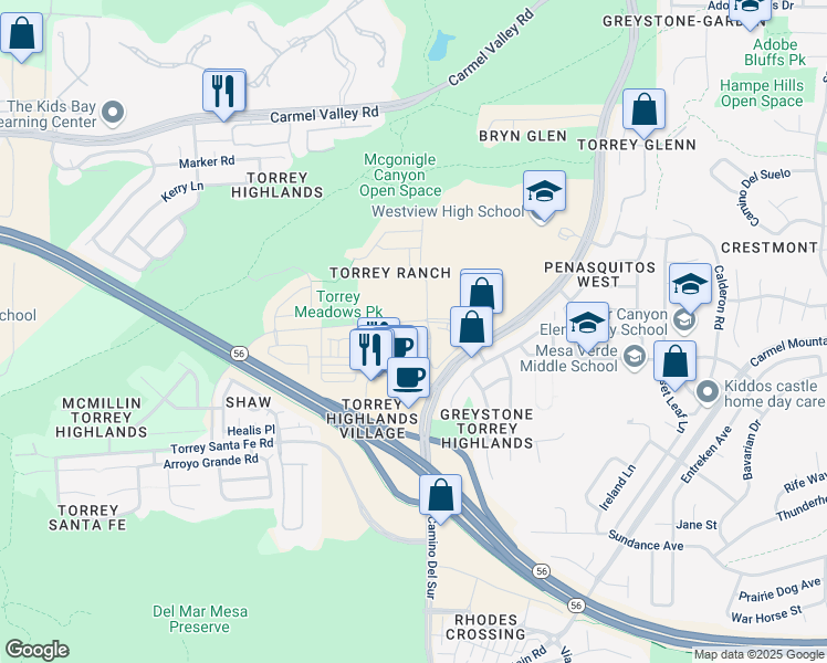 map of restaurants, bars, coffee shops, grocery stores, and more near 7880 Via Belfiore in San Diego