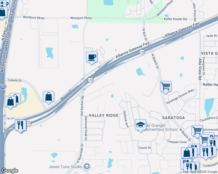 map of restaurants, bars, coffee shops, grocery stores, and more near 3141 Sangria Lane in Fort Worth