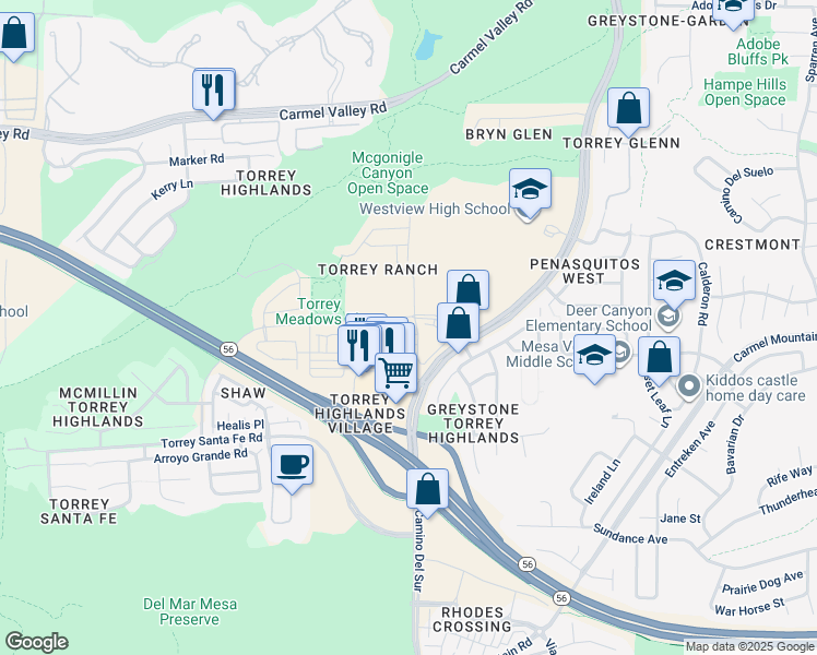 map of restaurants, bars, coffee shops, grocery stores, and more near 7890 Via Belfiore in San Diego