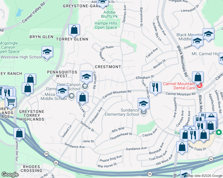 map of restaurants, bars, coffee shops, grocery stores, and more near 13468 Benbow Court in San Diego