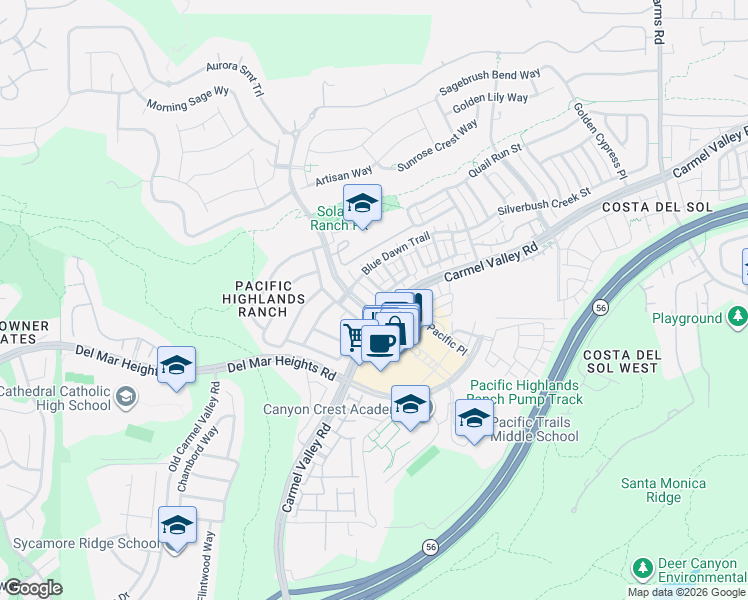 map of restaurants, bars, coffee shops, grocery stores, and more near 13517 Pacific Highlands Ranch Parkway in San Diego