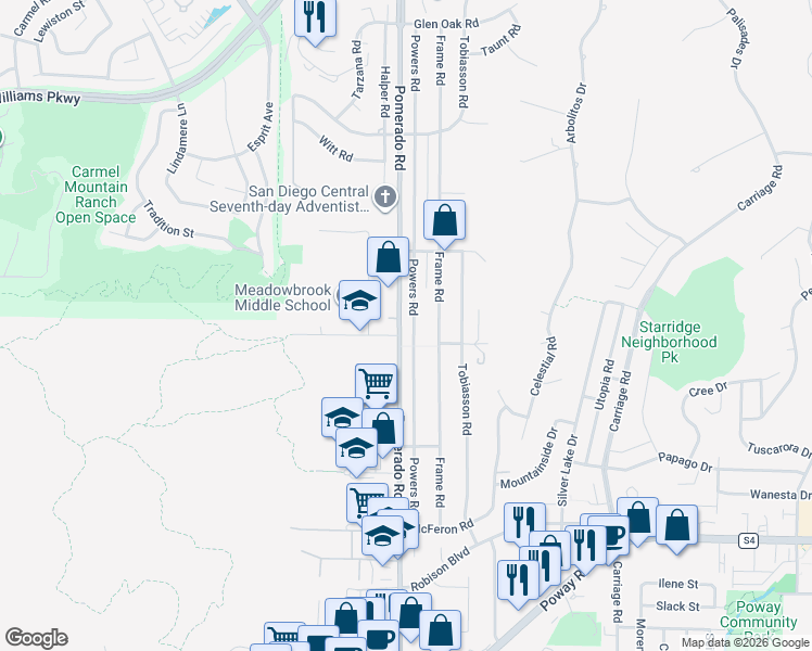 map of restaurants, bars, coffee shops, grocery stores, and more near 13738 Powers Road in Poway