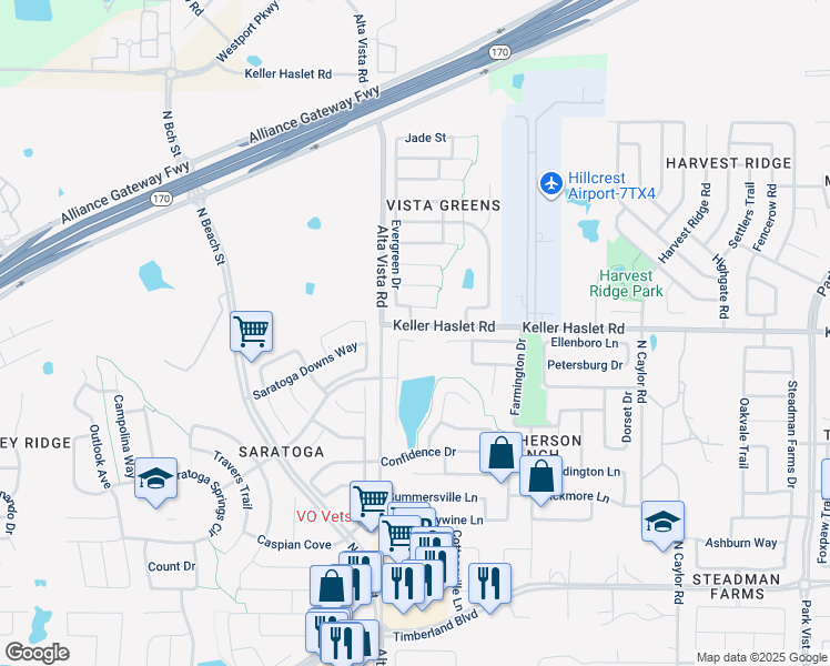 map of restaurants, bars, coffee shops, grocery stores, and more near 3728 Mossbrook Drive in Fort Worth