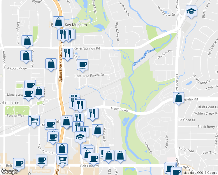map of restaurants, bars, coffee shops, grocery stores, and more near 5665 Arapaho Road in Dallas