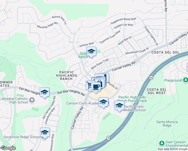 map of restaurants, bars, coffee shops, grocery stores, and more near 13517 Pacific Highlands Ranch Parkway in San Diego
