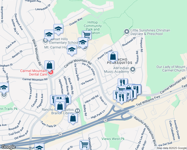map of restaurants, bars, coffee shops, grocery stores, and more near 13687 Via Tres Vistas in San Diego