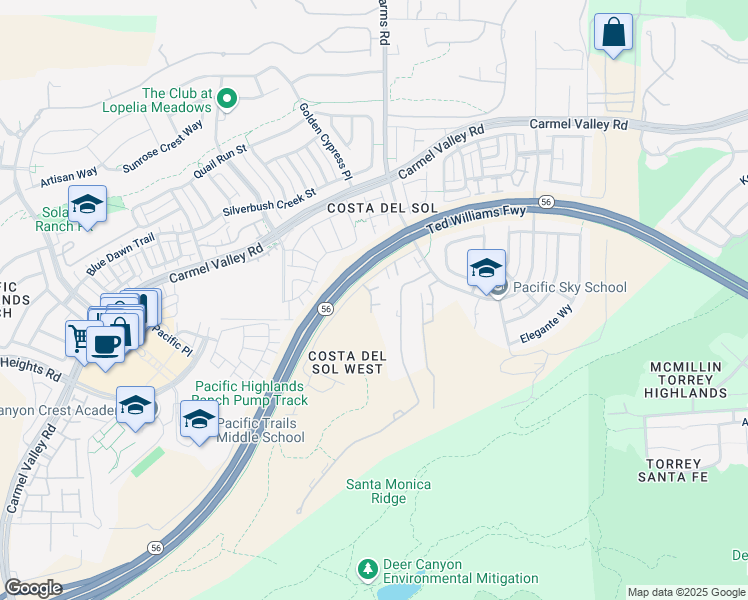 map of restaurants, bars, coffee shops, grocery stores, and more near 13518 Caminito Mendiola in San Diego