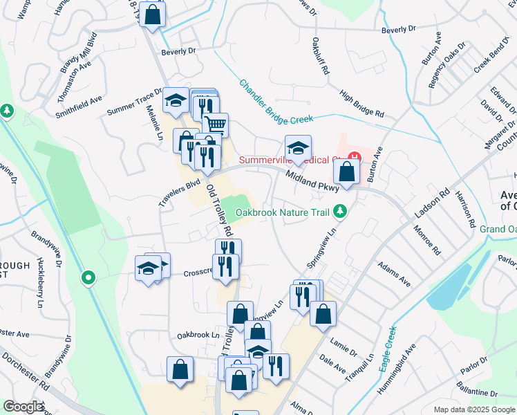 map of restaurants, bars, coffee shops, grocery stores, and more near 188 Midland Parkway in Summerville