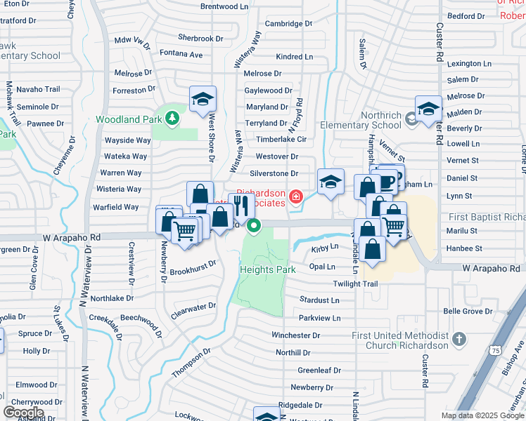 map of restaurants, bars, coffee shops, grocery stores, and more near in Richardson