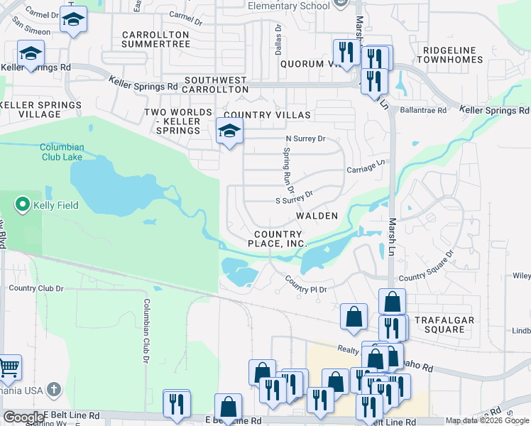 map of restaurants, bars, coffee shops, grocery stores, and more near 2708 South Surrey Drive in Carrollton