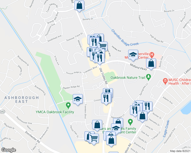 map of restaurants, bars, coffee shops, grocery stores, and more near 108 Timber Lane in Summerville