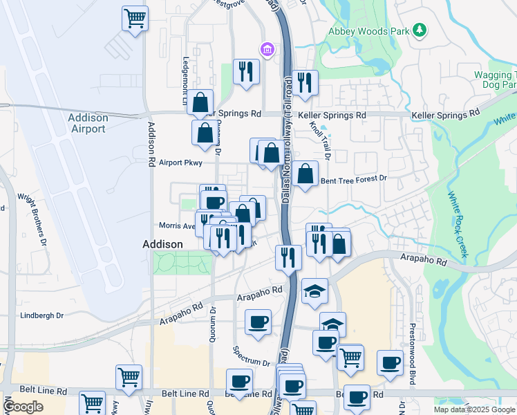 map of restaurants, bars, coffee shops, grocery stores, and more near 15750 Spectrum Drive in Addison