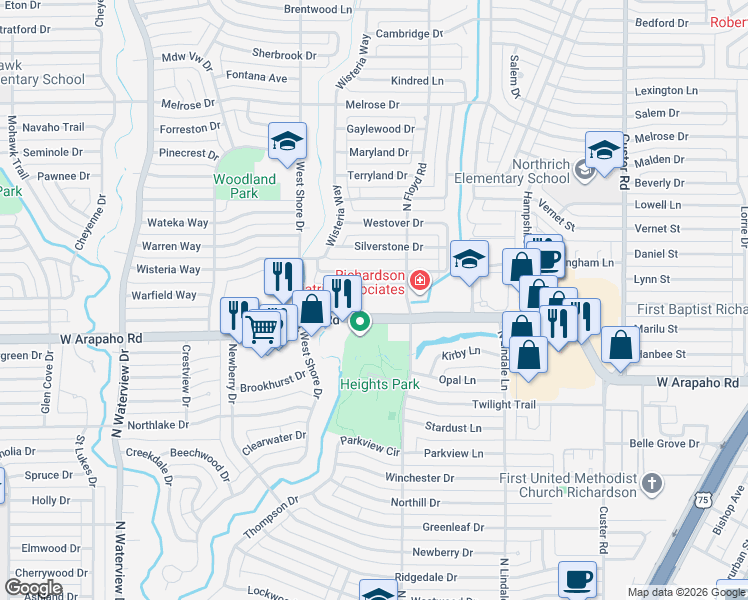 map of restaurants, bars, coffee shops, grocery stores, and more near 714 West Arapaho Road in Richardson