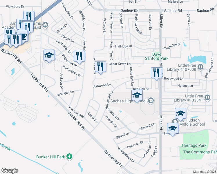 map of restaurants, bars, coffee shops, grocery stores, and more near 3418 Ashwood Lane in Sachse