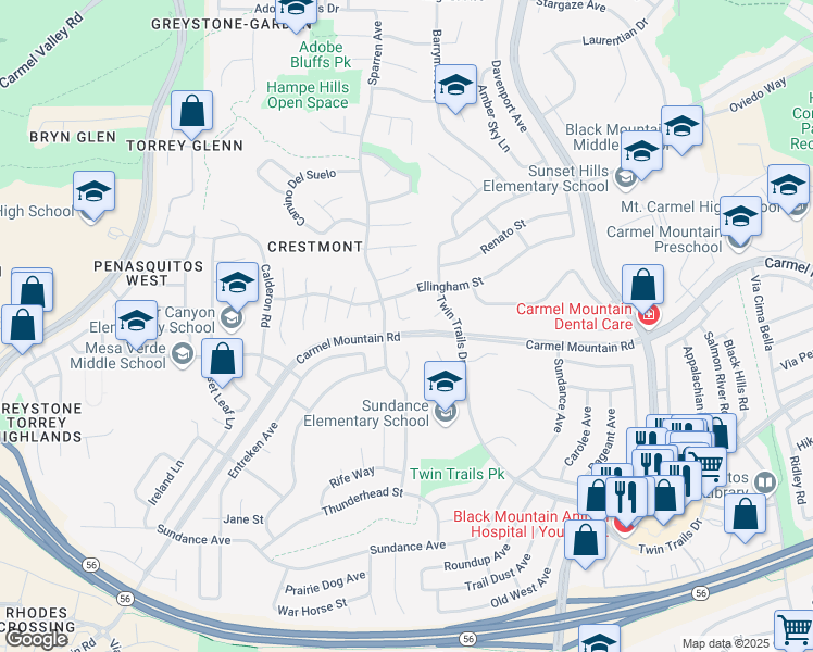 map of restaurants, bars, coffee shops, grocery stores, and more near 13428 Turlock Court in San Diego