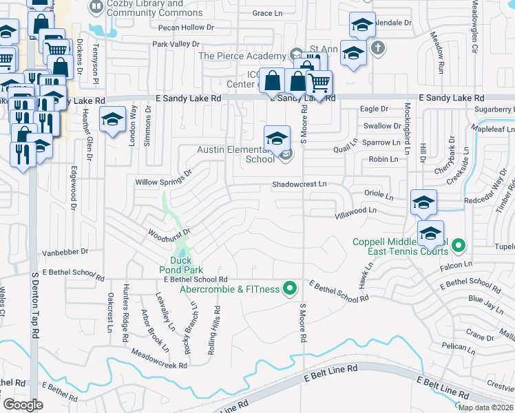 map of restaurants, bars, coffee shops, grocery stores, and more near 531 Woodhurst Drive in Coppell