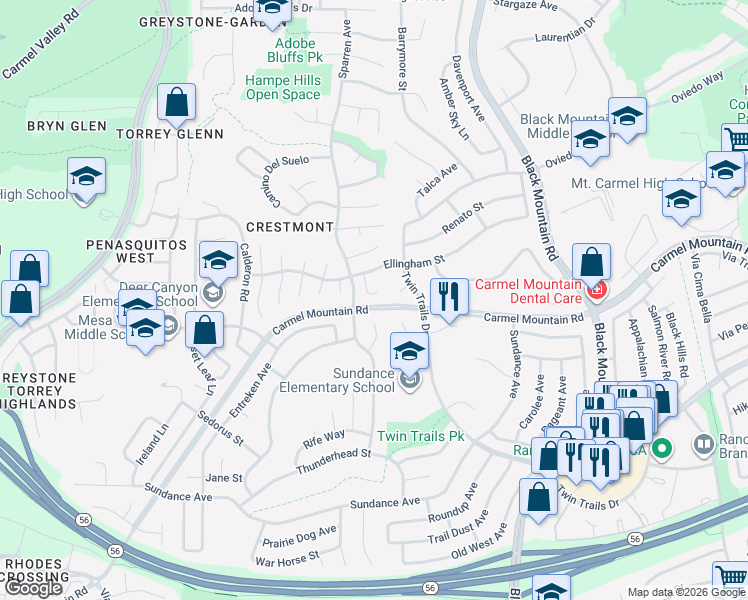 map of restaurants, bars, coffee shops, grocery stores, and more near 13428 Turlock Court in San Diego
