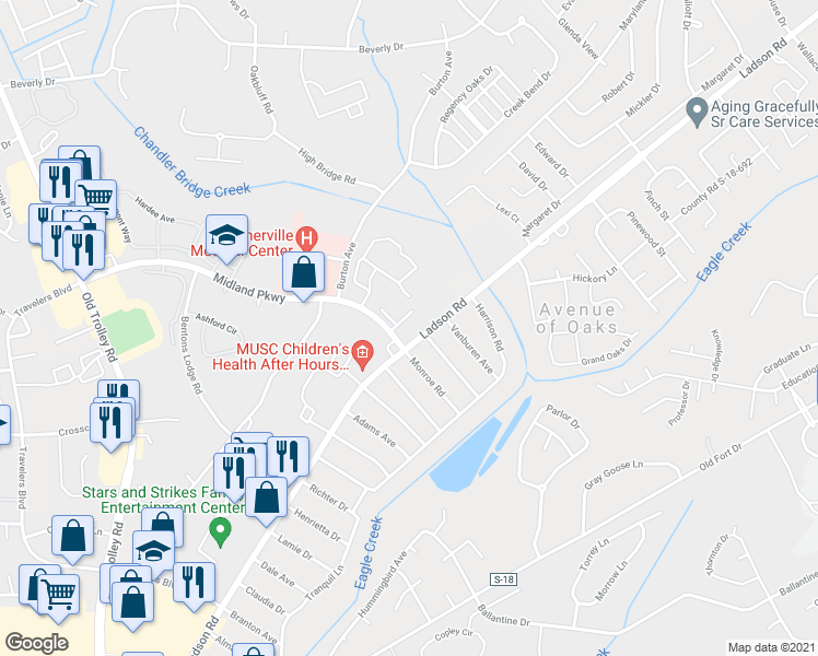map of restaurants, bars, coffee shops, grocery stores, and more near 4278 Ladson Road in Summerville