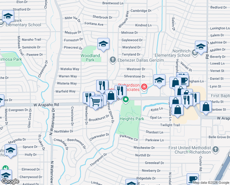 map of restaurants, bars, coffee shops, grocery stores, and more near 730 West Arapaho Road in Richardson