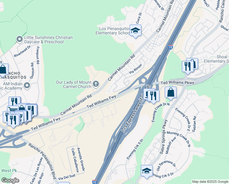 map of restaurants, bars, coffee shops, grocery stores, and more near 13330 Caminito Vizzini in San Diego