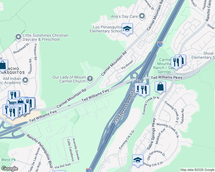 map of restaurants, bars, coffee shops, grocery stores, and more near 13340 Caminito Vizzini in San Diego