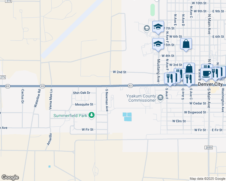 map of restaurants, bars, coffee shops, grocery stores, and more near 905 Highway 83 in Denver City