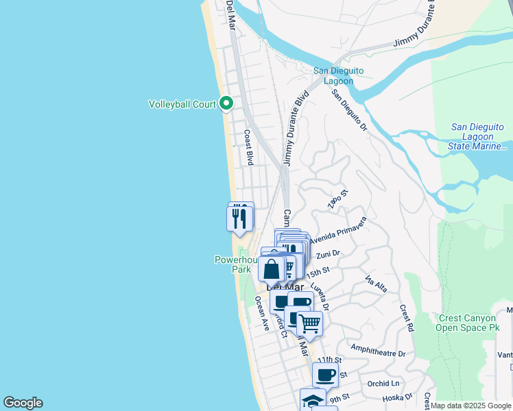map of restaurants, bars, coffee shops, grocery stores, and more near 1801 Coast Boulevard in Del Mar