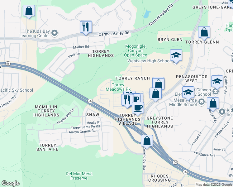 map of restaurants, bars, coffee shops, grocery stores, and more near Torrey Meadows Drive in San Diego