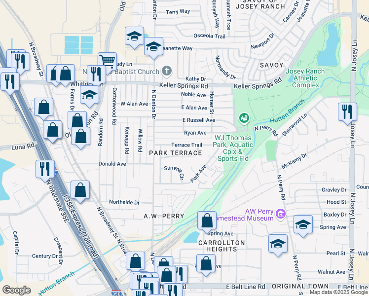 map of restaurants, bars, coffee shops, grocery stores, and more near 1025 Terrace Trail in Carrollton