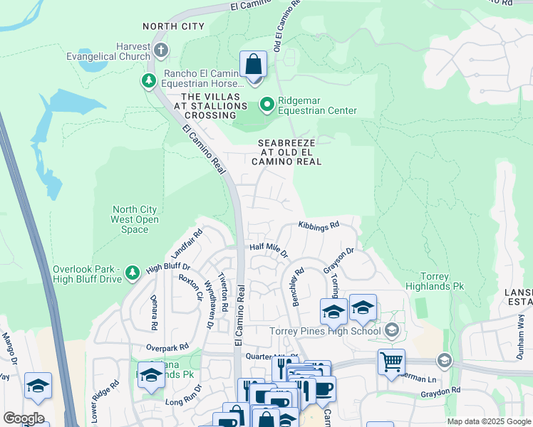 map of restaurants, bars, coffee shops, grocery stores, and more near 13563 Old El Camino Real in San Diego