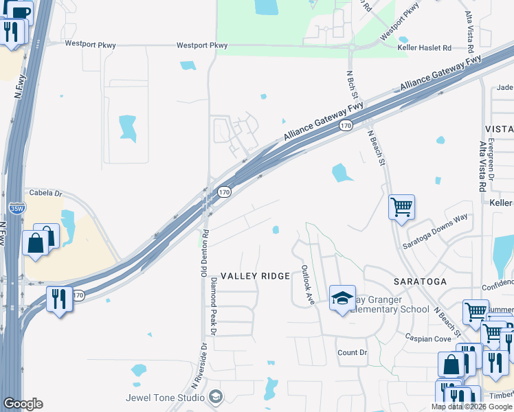 map of restaurants, bars, coffee shops, grocery stores, and more near 3141 Sangria Lane in Fort Worth