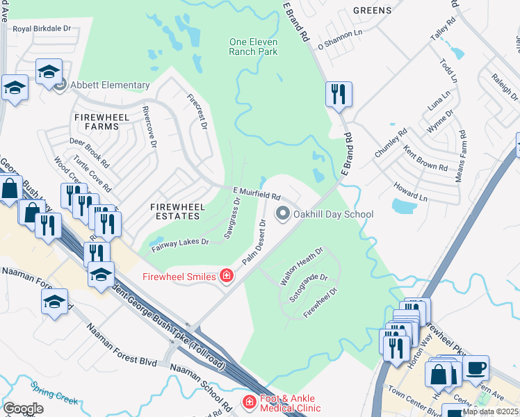 map of restaurants, bars, coffee shops, grocery stores, and more near 1013 Palm Desert Drive in Garland