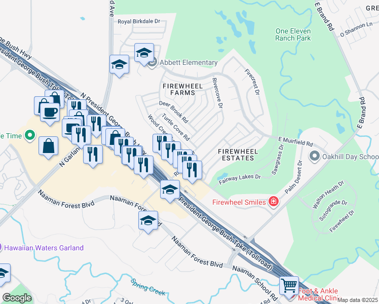 map of restaurants, bars, coffee shops, grocery stores, and more near 5106 Wood Creek Lane in Garland