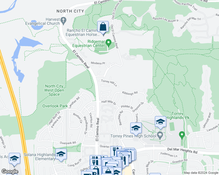 map of restaurants, bars, coffee shops, grocery stores, and more near 13565 Old El Camino Real in San Diego