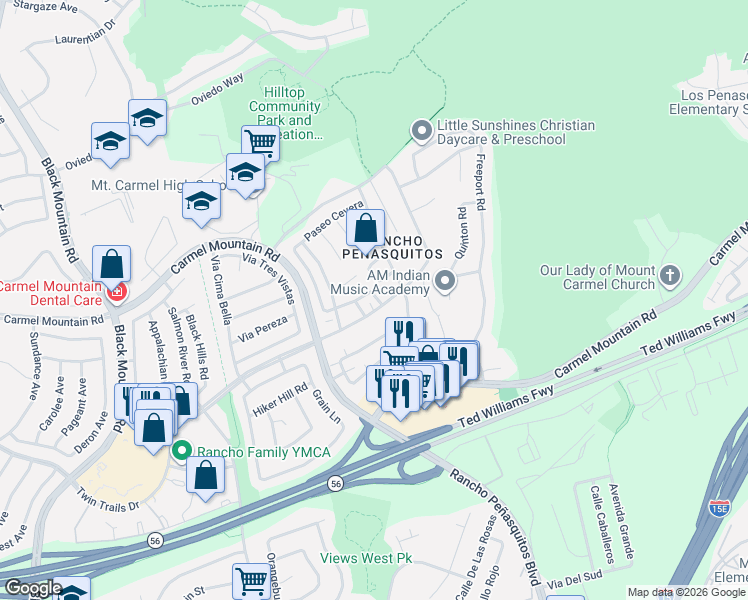 map of restaurants, bars, coffee shops, grocery stores, and more near 9937 Via Monzon in San Diego