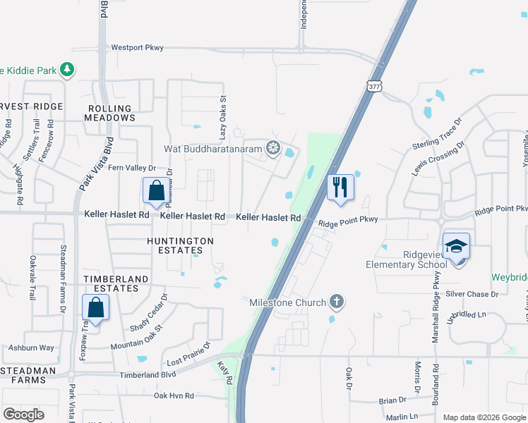 map of restaurants, bars, coffee shops, grocery stores, and more near 4995 Keller Haslet Road in Fort Worth