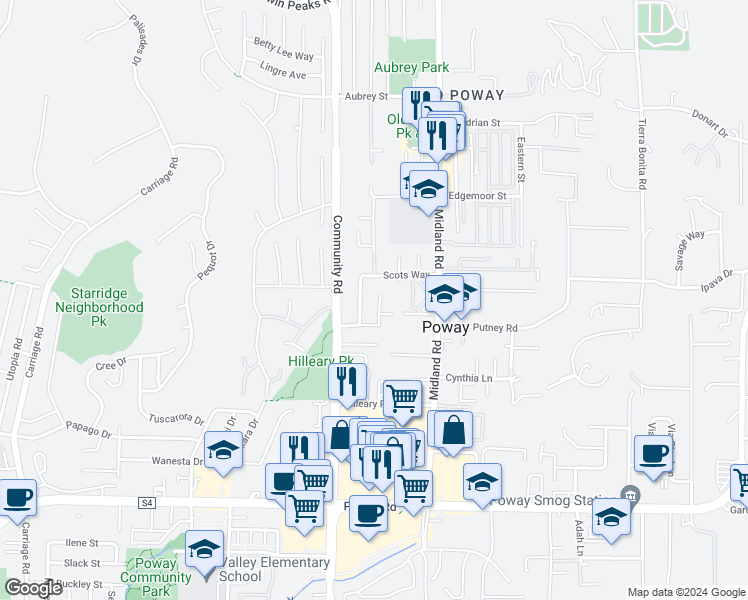 map of restaurants, bars, coffee shops, grocery stores, and more near 13740 Buford Way in Poway