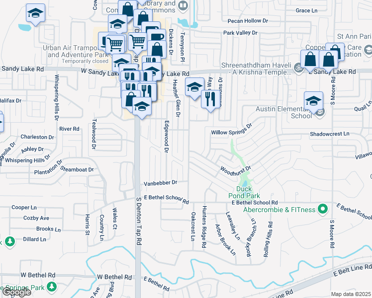 map of restaurants, bars, coffee shops, grocery stores, and more near 240 Heather Glen Drive in Coppell