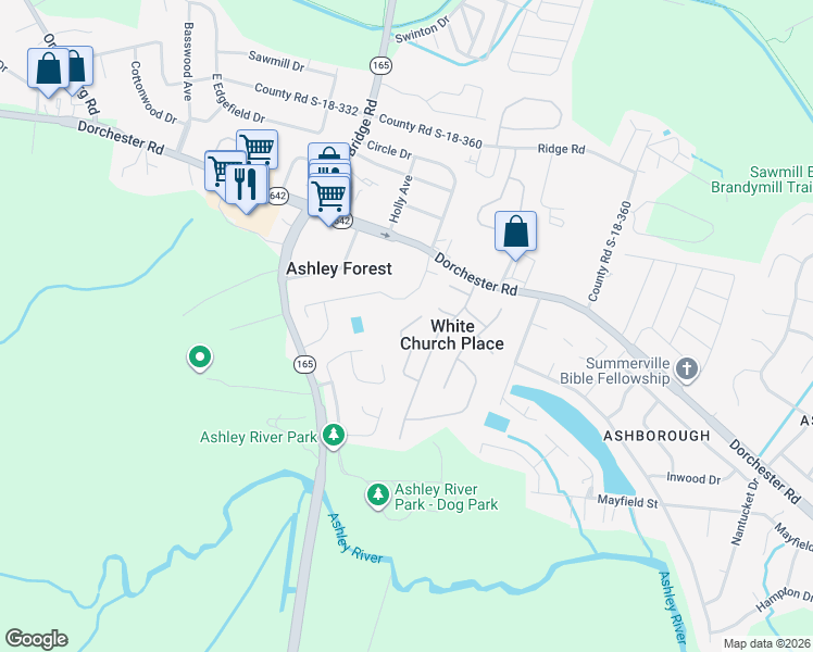 map of restaurants, bars, coffee shops, grocery stores, and more near 129 Steeple Point Court in Summerville