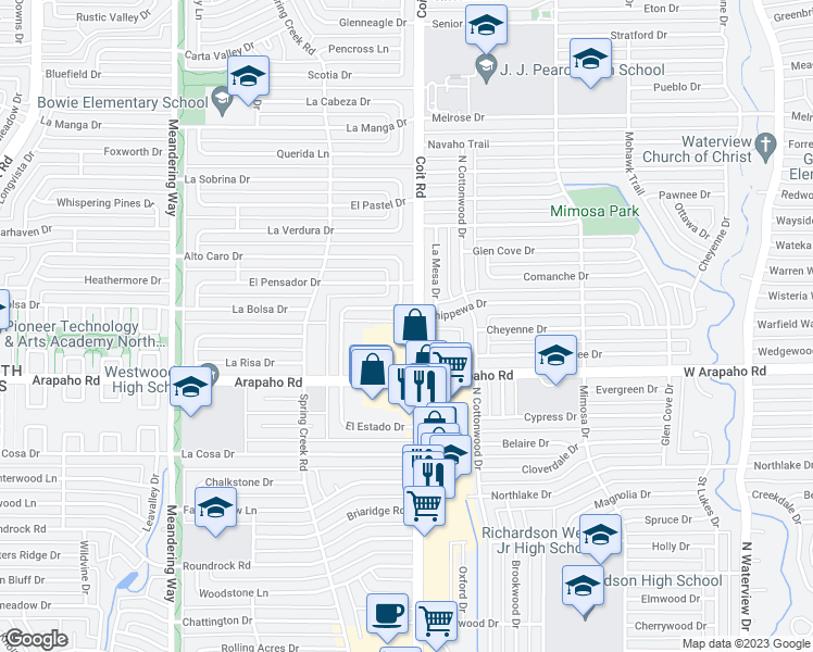 map of restaurants, bars, coffee shops, grocery stores, and more near 15757 North Coit Road in Dallas