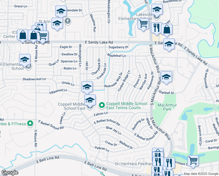 map of restaurants, bars, coffee shops, grocery stores, and more near 903 Redcedar Way Drive in Coppell
