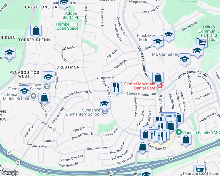 map of restaurants, bars, coffee shops, grocery stores, and more near 8825 Twin Trails Drive in San Diego