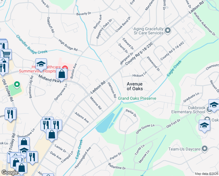 map of restaurants, bars, coffee shops, grocery stores, and more near 1004 Harrison Road in Ladson